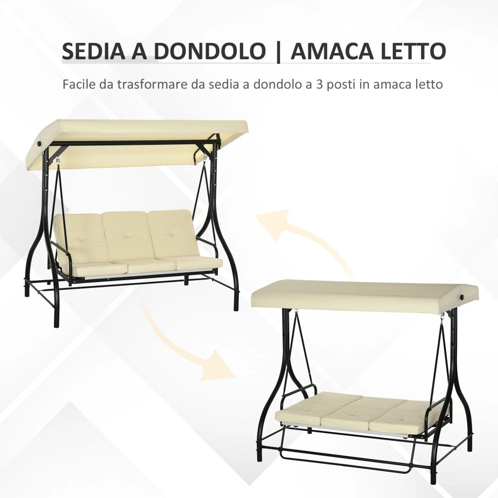 Dondolo da Giardino 3 Posti con Tettuccio Regolabile ¨C Minimal ¨C Tessuto Beige e Metallo Nero