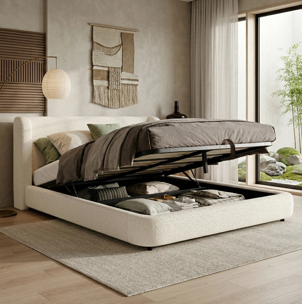 Letto imbottito con contenitore e testiera in bouclé beige