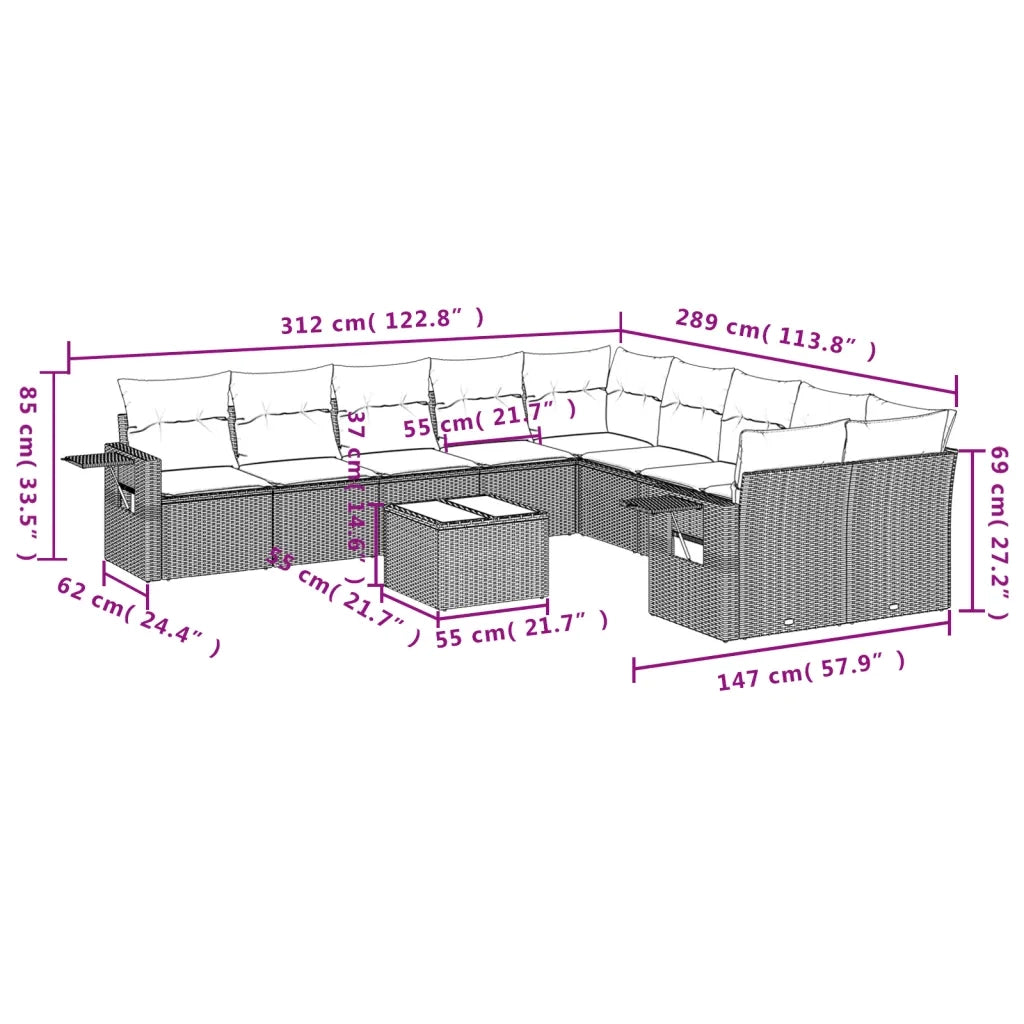 Set Divani da Giardino 11 pz con Cuscini in Polyrattan Grigio 3253057
