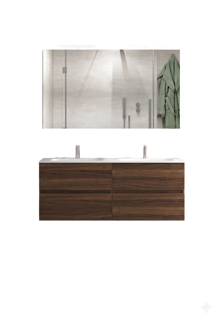 Mobile da Bagno Sospeso con Lavabo 120cm 2 Vasche e Specchio Bali Light Double Noce Scuro