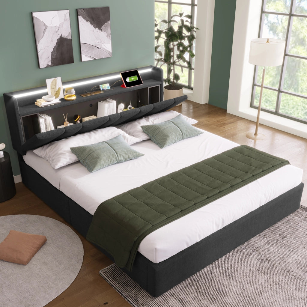 Letto doppio imbottito; 160x200cm; con testiera USB e LED; grigio