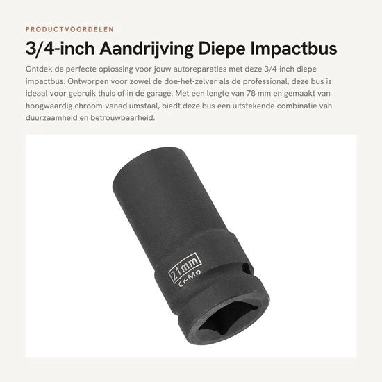Impatto 21 mm 6-punti - Kit di chiavi a dente - Resistente all'usura in acciaio Cr-Mo - Corrosione resistente - 3/4 pollici di trasmissione - Nera lucidata - Chiave a dente