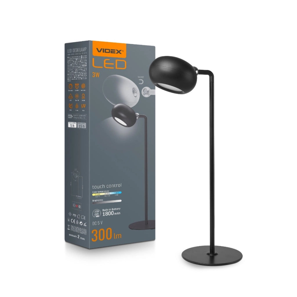 Lampada da scrivania/clamp ricaricabile 3W 300lm nera Videx