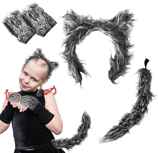 Set di accessori per costume lupo - 4 pezzi, orecchie, guanti e coda - costume da lupo in pelliccia per Halloween - costume animale per bambini e adulti