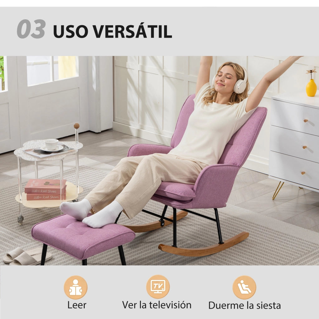 Sedia a dondolo con poggiapiedi e cuscino imbottito ¨C zephmum ¨C rosa, legno