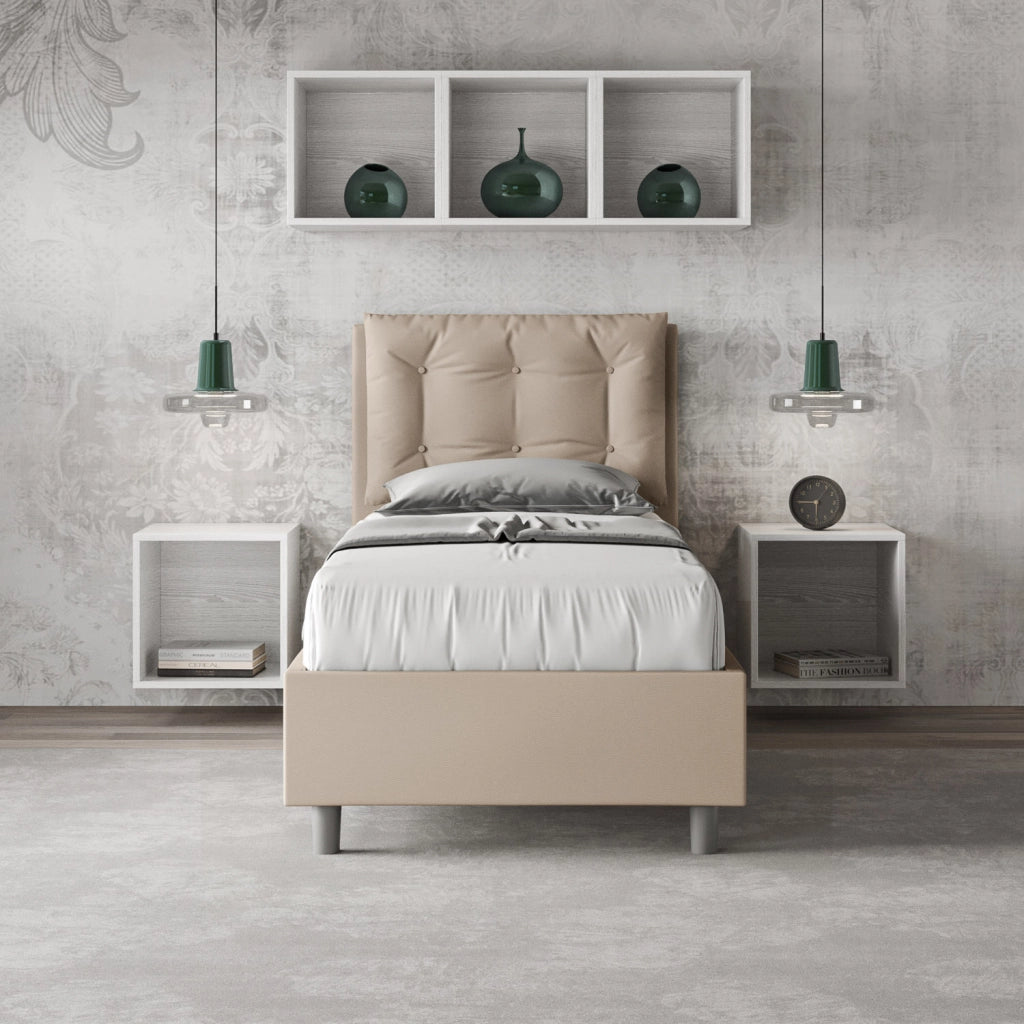 BS COM Letto singolo contenitore imbottito 80x210 similpelle tortora