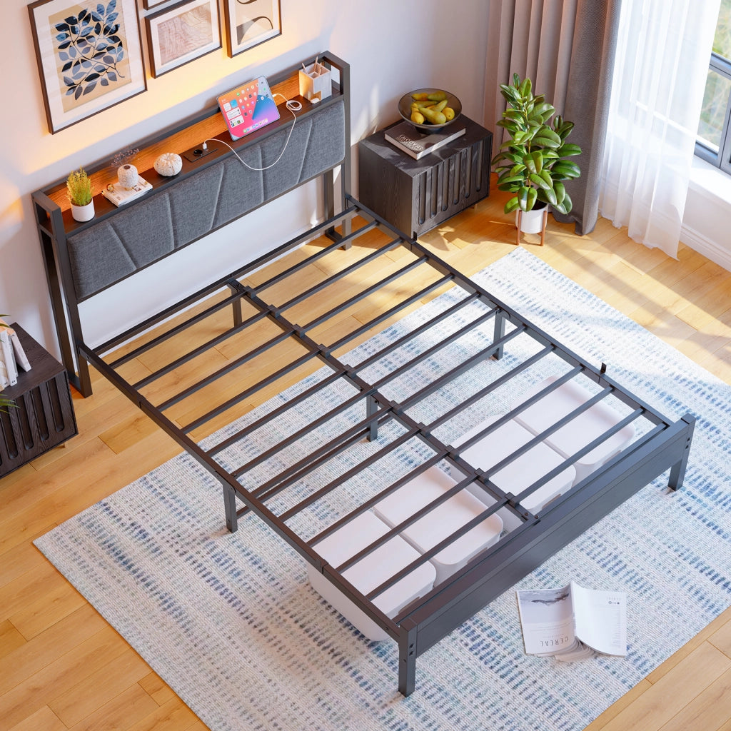 LETTO 140x200 cm in metallo e MDF nero con testiera contenitore e USB