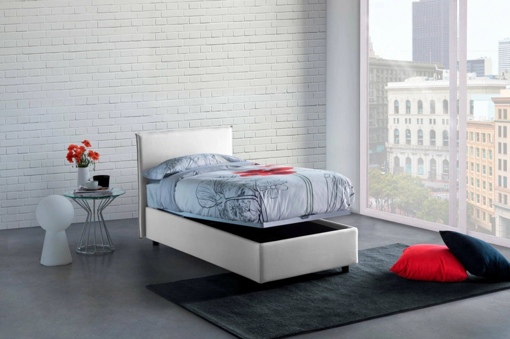 Letto singolo Ajan, Letto contenitore con rivestimento in tessuto, Made in Italy, Apertura frontale, adatto per materasso cm 90x190, Bianco