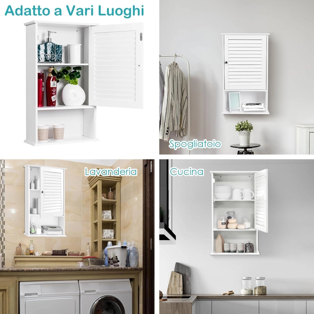 Armadio del Bagno Montato a Muro, Mensola Interna Regolabile, Struttura in MDF di Qualità, Pratico e Salva Spazio, Design Unico (Bianco)