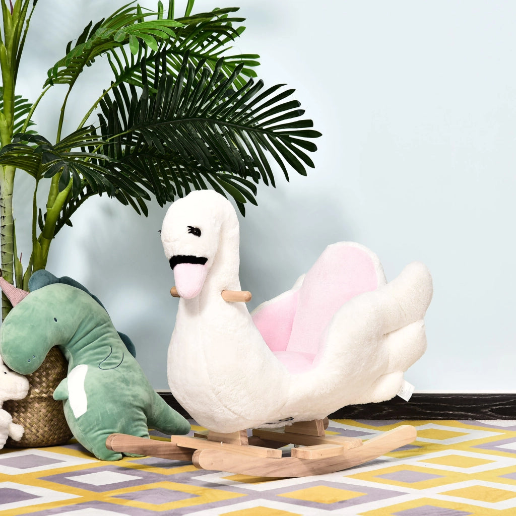 Cavallo a Dondolo Cigno con Musica ¨C Xylo ¨C Metallo Legno Peluche Bianco 60x32x55cm