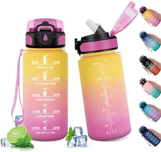 Sportwaterfles 500 ml - Bicchiere Sportivo con Marcatura del Tempo, Progettazione Eroro-Proof e Beccuccio Integrato - Ideale per Palestra, Bicicletta, Campeggio e Fitness - Giallo