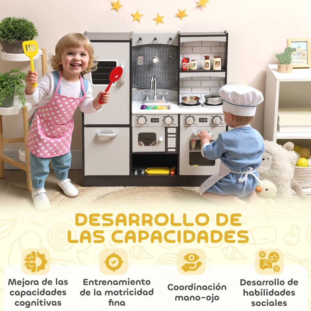 Cucina Giocattolo in Legno con Suono e Accessori Acciaio Inox per Bambini 3+ ¨C Minimal ¨C Marrone Scuro