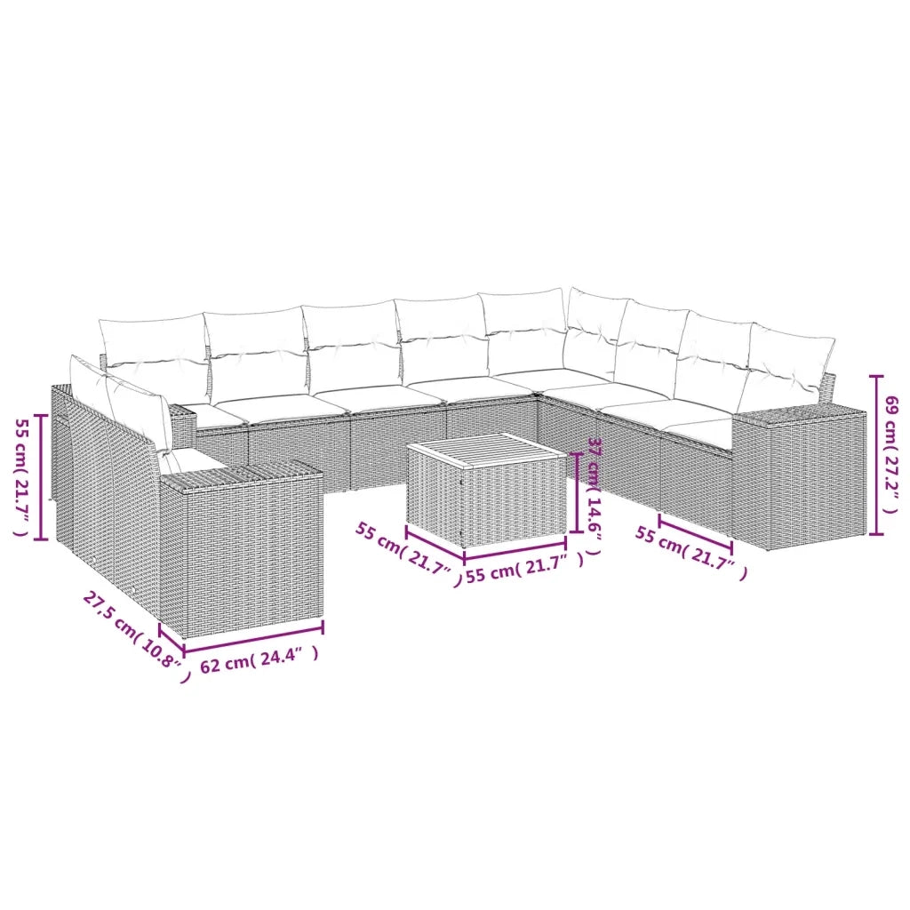 Set Divani da Giardino 11 pz con Cuscini Beige in Polyrattan 3225520