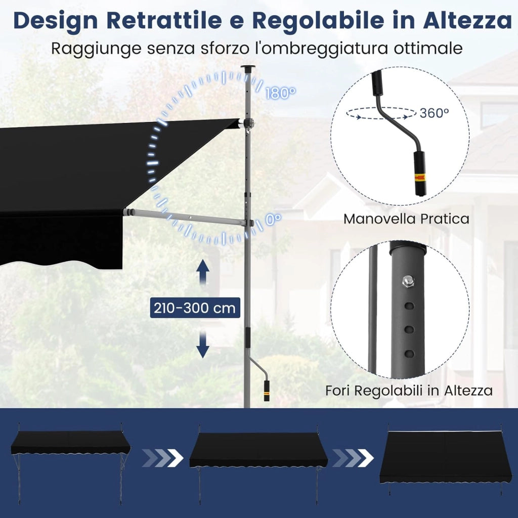 Tenda da Sole a Morsetto, Regolabile in Altezza e Inclinazione con Manovella, Telo Impermeabile e Resistente ai Raggi Solari e Telaio Antiruggine, Tenda Retrattile Senza Foratura (4M,Nero)
