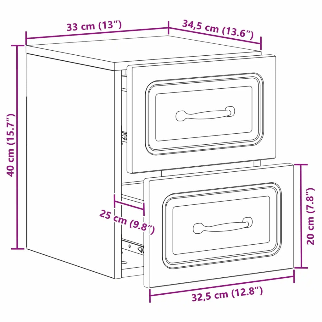 Set di 2 Comodini | Armadio da Notte | Mobiletto da notte a muro con cassetto Rovere Artigianale