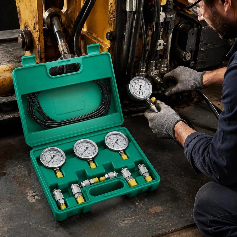 Hydraulic Pressure Test Set, 250/400/600 Bar, 3 Gauges, 6 Test Couplings, 3 Test Hoses, Excavator Hydraulic Test Manometer Set With Portable Carrying Case For Excavators, Tractors, Construction Machinery