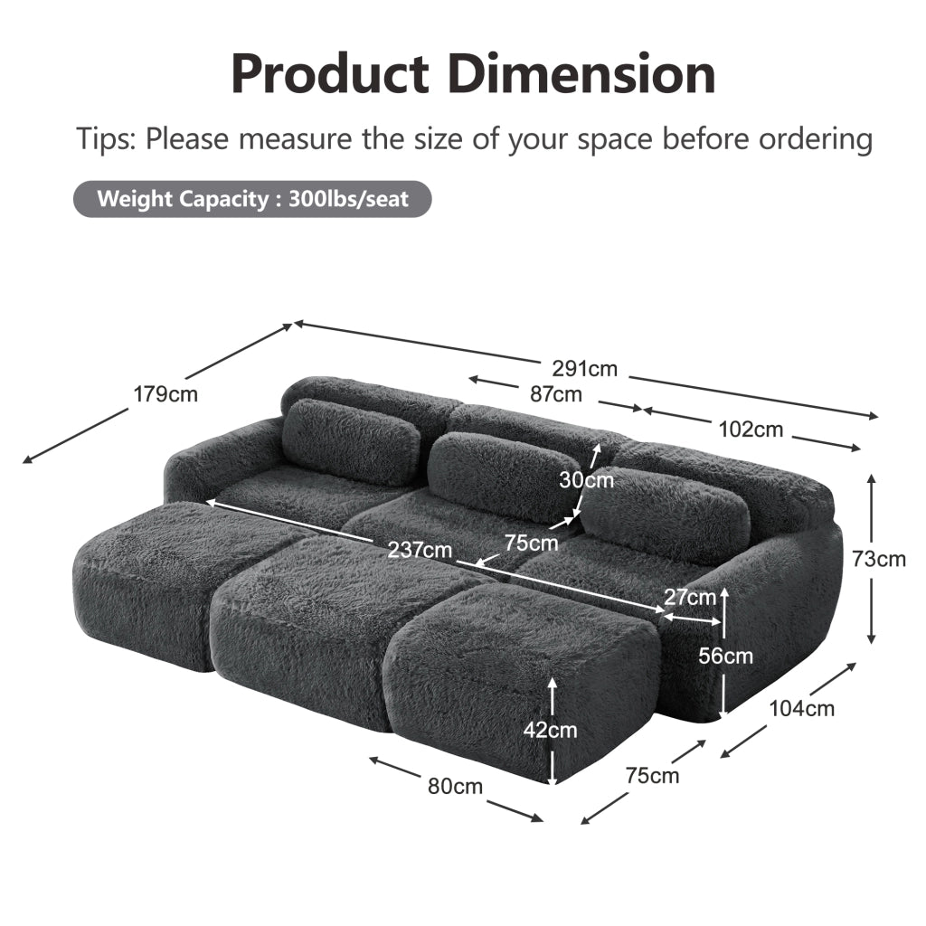 OKWISH Divano Modulare, Design Senza Struttura con Seduta Ampia, Configurazione Flessibile e Base Antiscivolo, Peluche Grigio