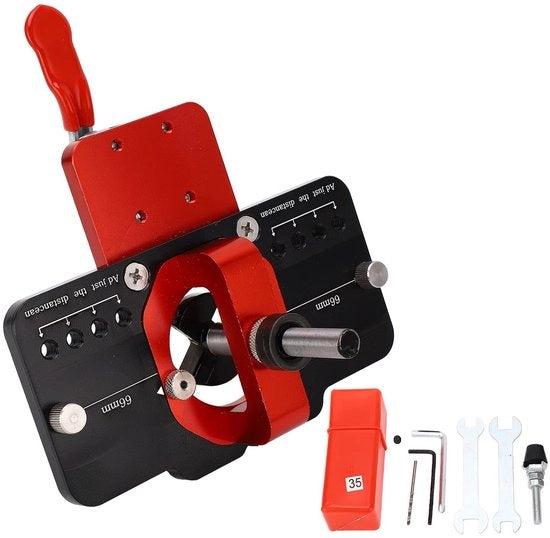 Guida per la lavorazione del legno con sospensione nascosta - Materiale in lega di alluminio - Dimensione dell'apertura di testa 35 mm - Compensazione del sospensione 3/4/5/6 mm - Capacità di serraggio 15-25 mm - Guida per la perforazione