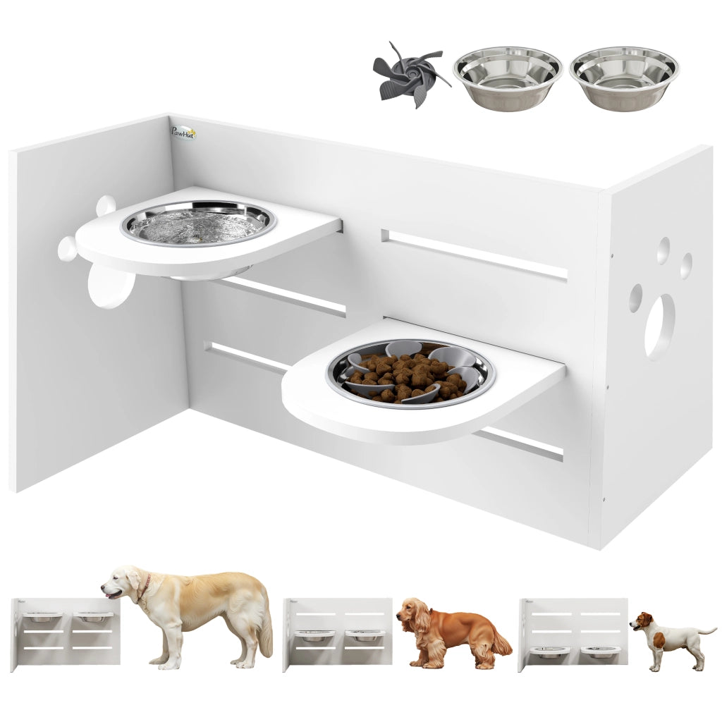 Ciotola Rialzata Doppia per Cani ¨C Xylo ¨C Altezza Regolabile con Sistema Alimentazione Lenta 63x58,5x40 cm Bianco