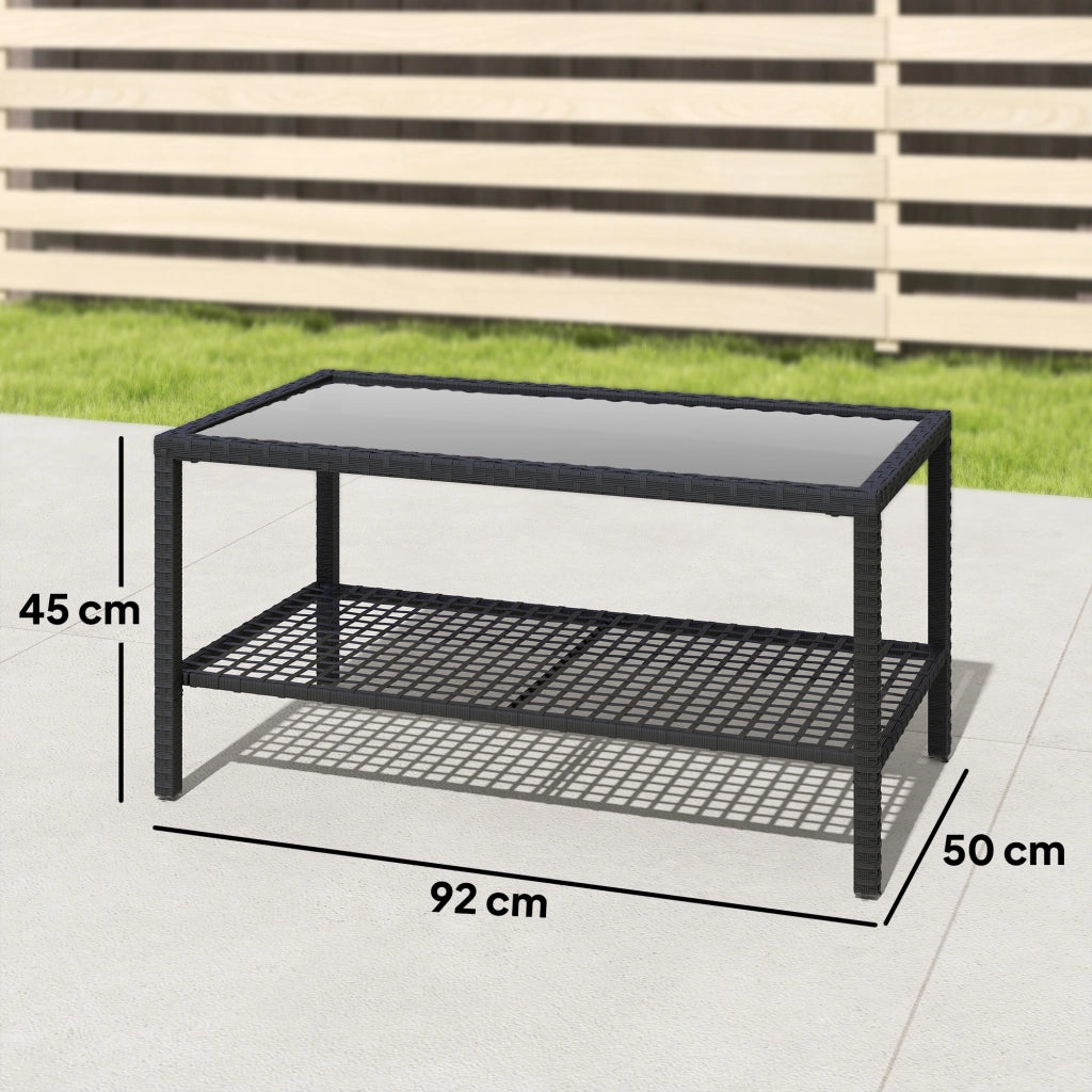 Tavolino da giardino in rattan con piano in vetro e struttura in acciaio ¨C Minimal ¨C Nero 92x50x45 cm
