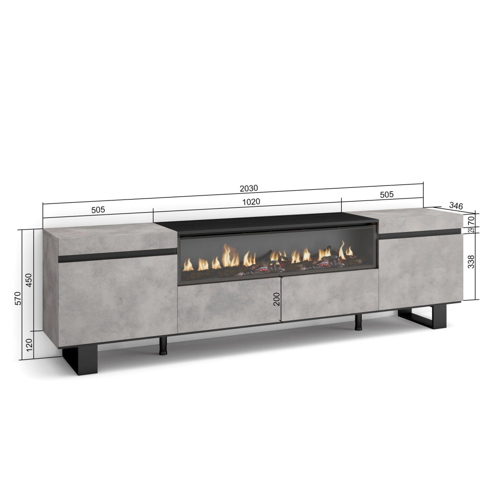 Mobile TV, 200x35x57cm, soggiorno, Per TV fino a 80", Camino elettrico, Design industriale, grigio cemento RF2224