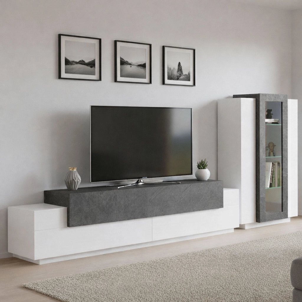 Parete attrezzata da soggiorno Anisia, Made in Italy, Porta TV a luce LED bianca, Set salotto moderno, cm 290x45h121, Bianco lucido e Grigio Cenere