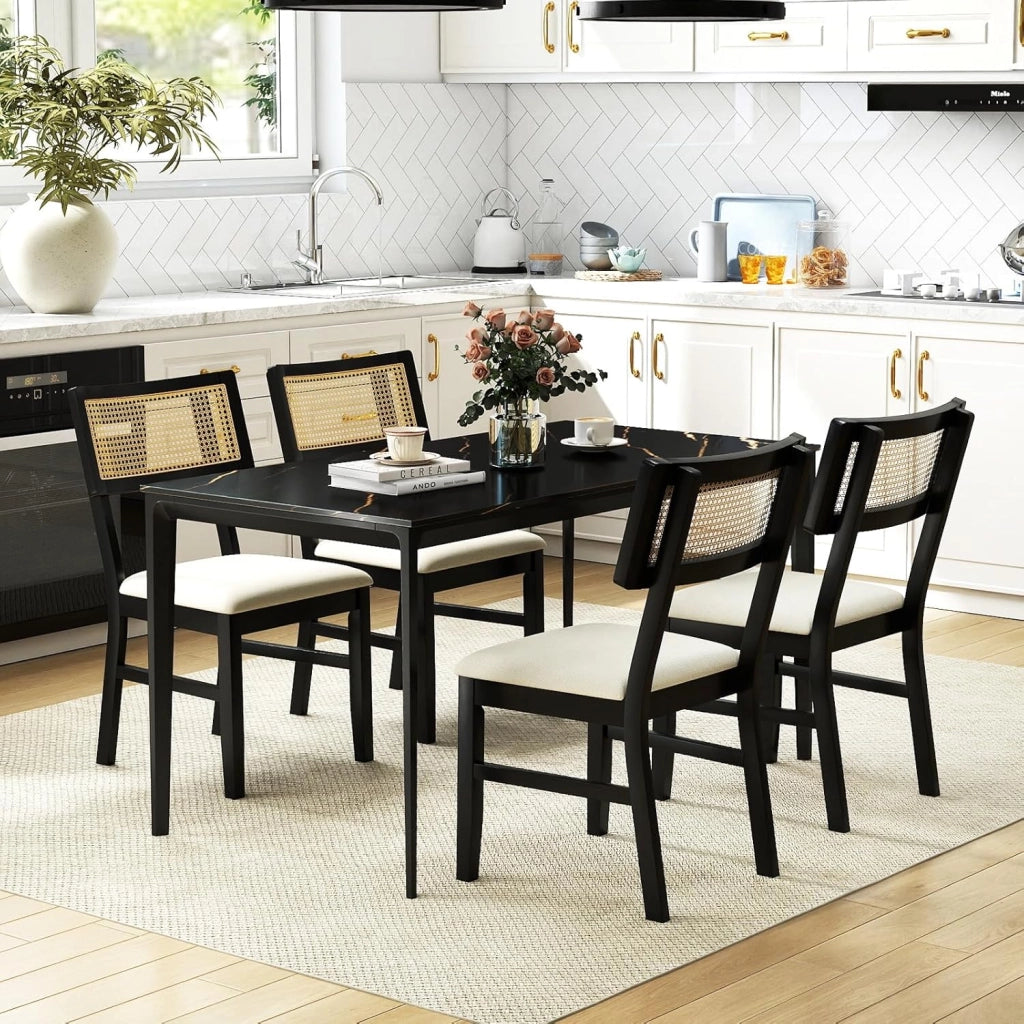 Set di 2 Sedie da Pranzo in Rattan, Sedie da Cucina Imbottite con Rivestimento in Tessuto, Gambe in Legno e Schienale Curvo per Soggiorno, Sala da Pranzo e Ristorante, Portata 180 kg