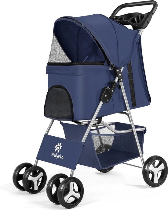 Carriolo per animali di compagnia, 4 ruote, passeggino per gatti pieghevole con contenitore, manubrio 360° per ruota anteriore e posteriore con freno per piccoli e medi animali di compagnia (blu)