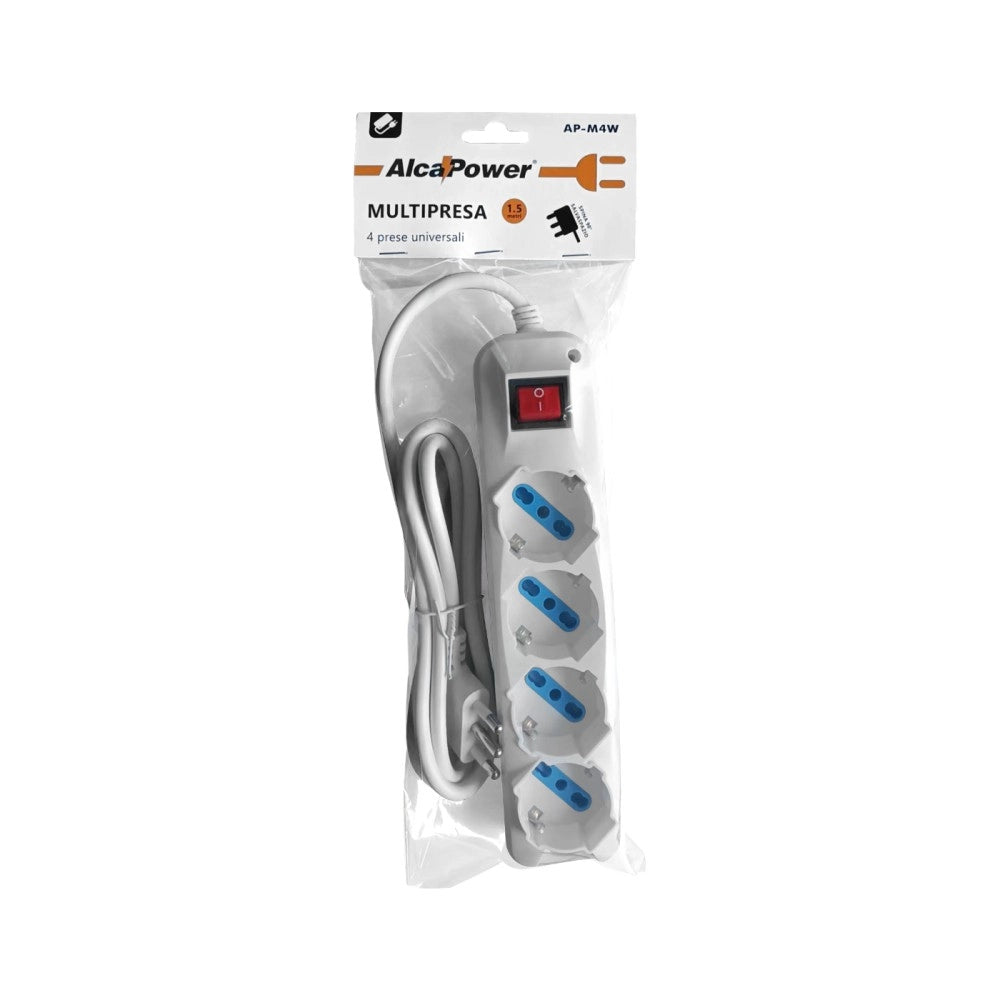 Alca power multipresa bianca con 4 prese universale spina a 90° cavo da 1,5mt con interruttore