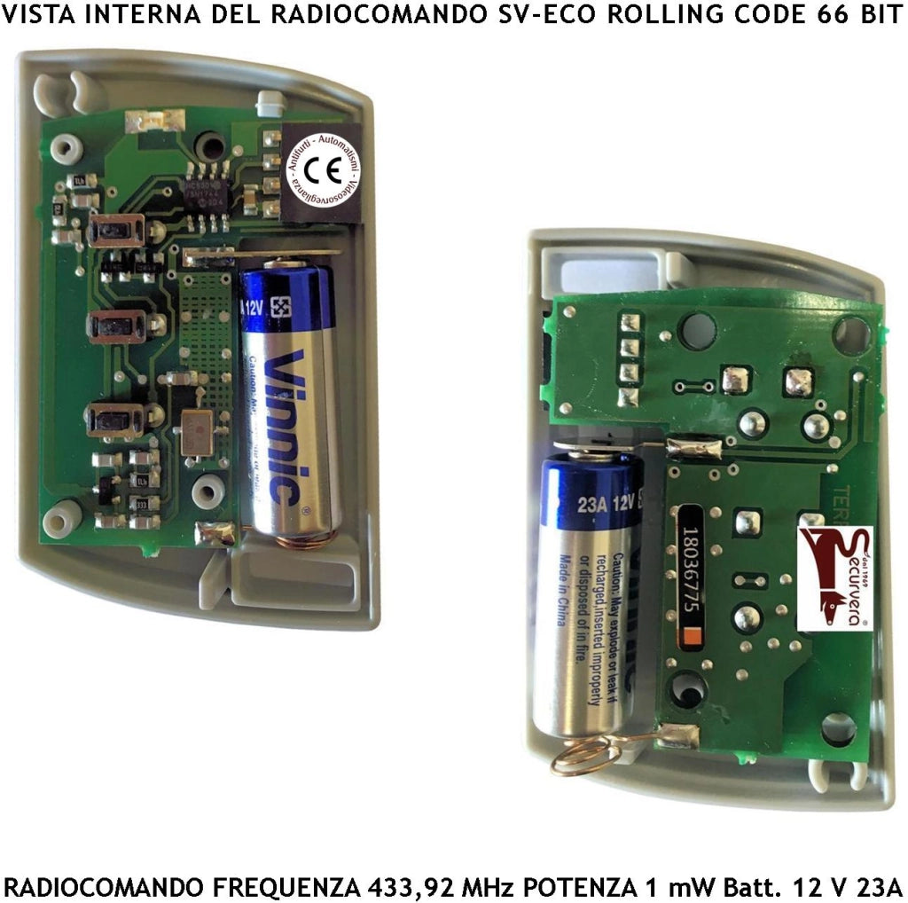 Telecomando Radiocomando 3 Canali Frequenza 433,92 MHz Potenza 1 mW Portata Libera 60/100 MT Codice Sicurezza Securvera Rolling Code 66 Bit Batteria 12 V 23A Contenitore ABS Tre Colori Tasti Numerati