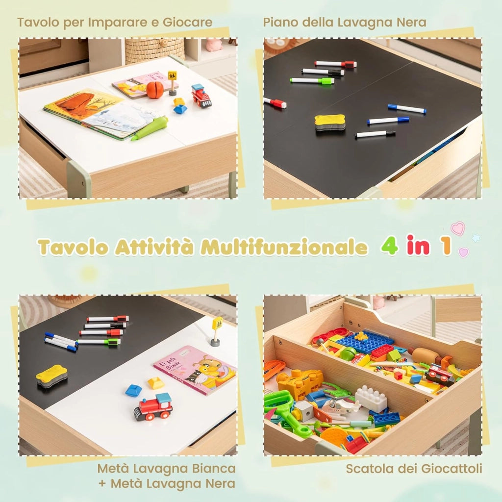 3 in 1 Set Tavolo e Sedie per Bambini, Tavolo da Attività per Bambini con 2 Sedie, Lavagna Rimovibile e Deposito, per Giocare, Disegnare e Leggere, in Legno (Verde)