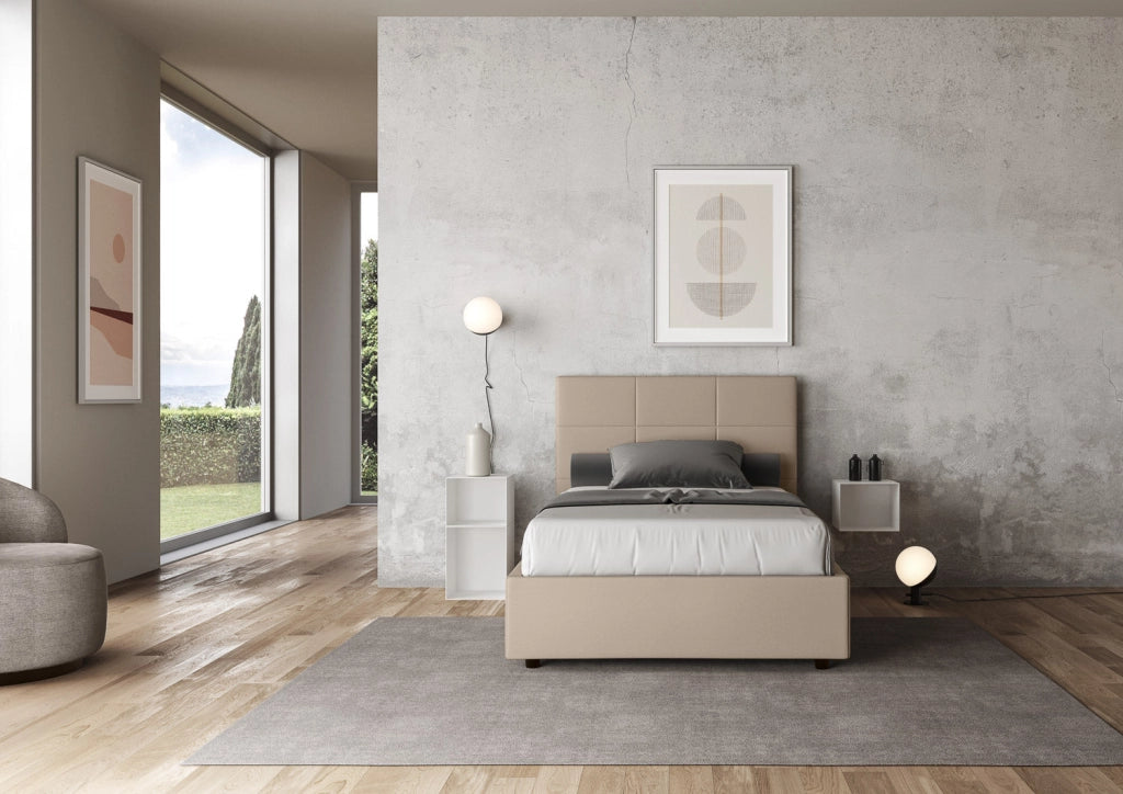 Letto Matrimoniale Francese 140x210 cm con Rete e Contenitore Mika Tortora