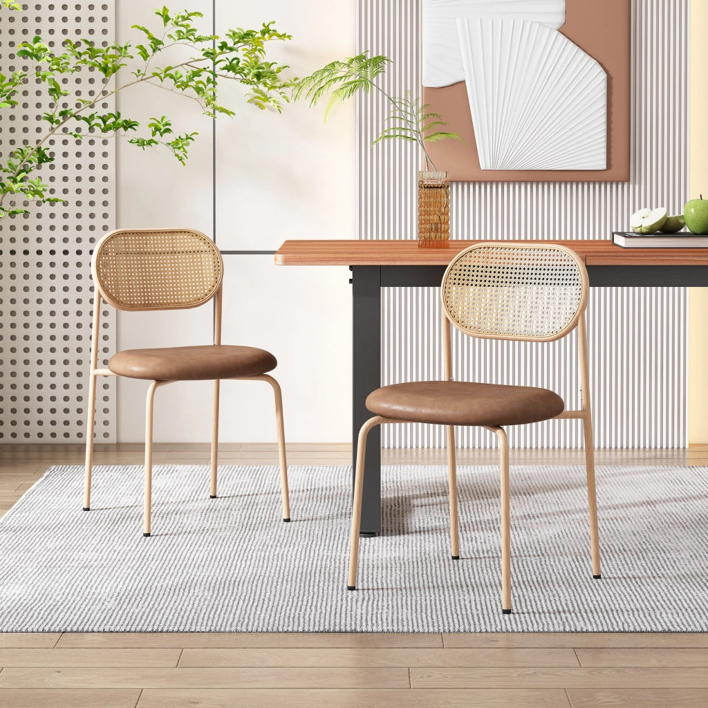 OKWISH Set di 2 Sedie da Pranzo con Schienale Ovale in Rattan, Gambe in Metallo e Seduta Ergonomica, PU Marrone