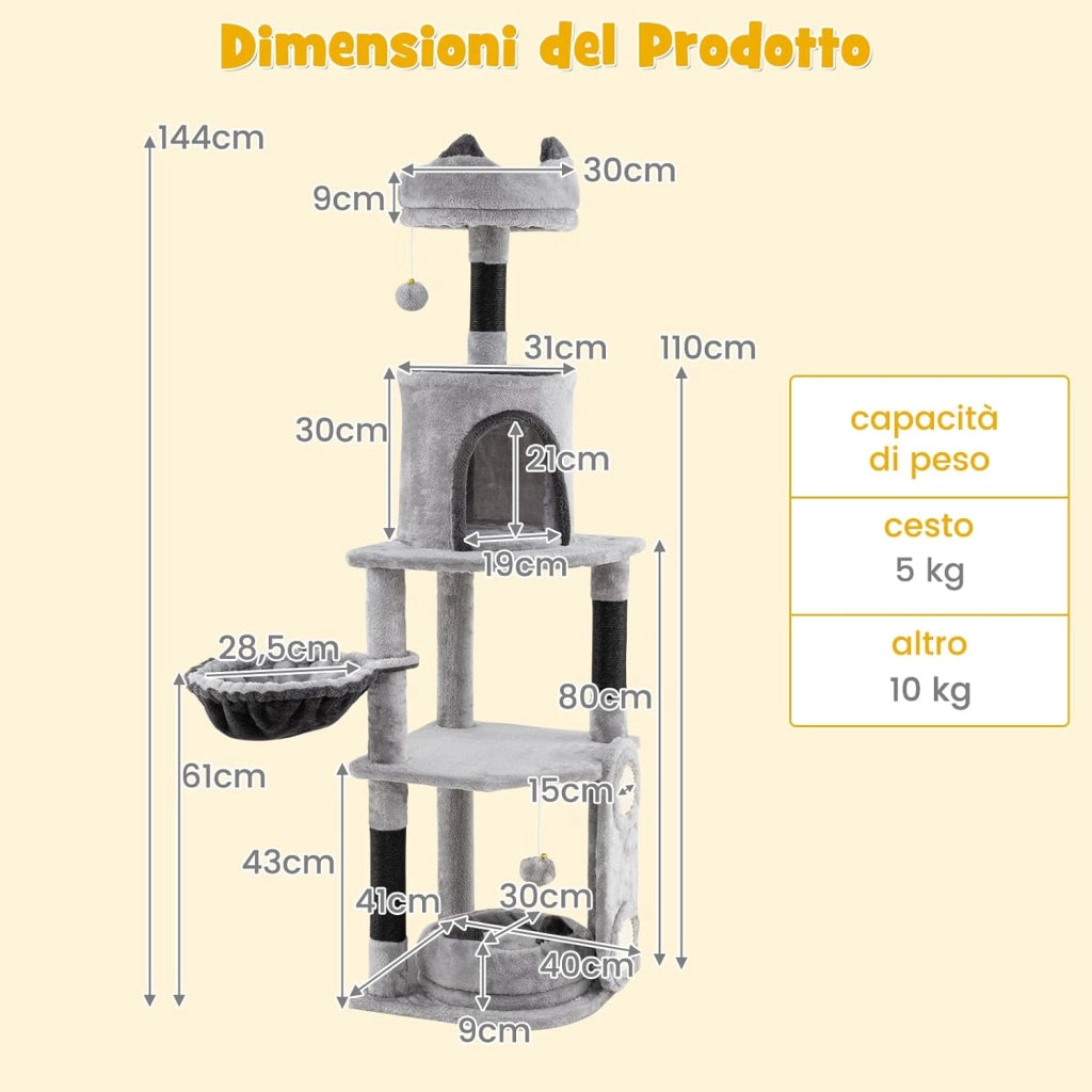 Tiragraffi per Gatti Alto 144 cm, Albero Tiragraffi Gatto con 3 Pali in Sisal, Amaca, 2 Pompom e Grotta, Cuccia Albero Gatto Imbottito in Peluche con Tavola in Sisal, Grigio