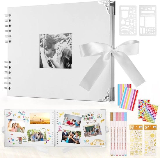 Album di foto 29,5 x 21 cm, album di foto personalizzabile, libro di foto bianco con 80 pagine, scrapbook per 160 foto, inclusi 6 matite metalliche per colorare, libro degli ospiti per matrimonio e compleanno (bianco)