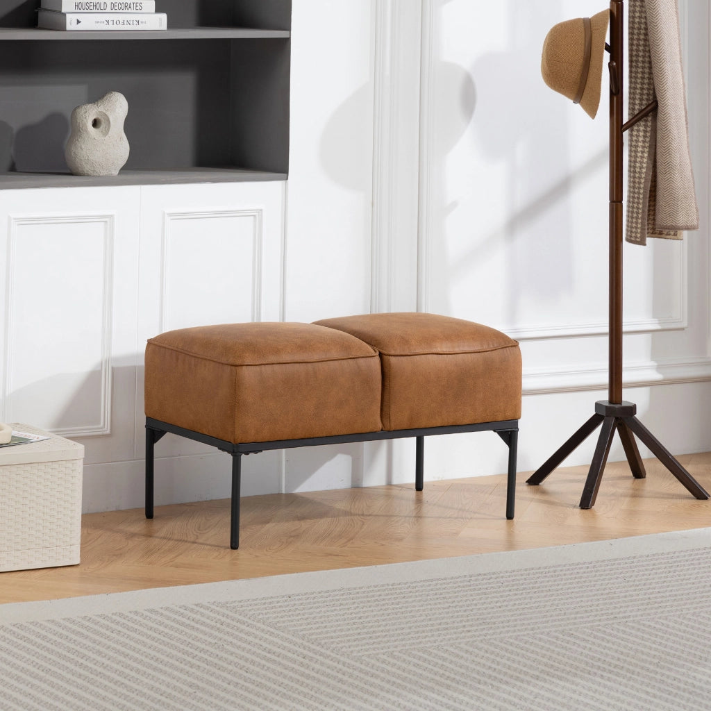 Pouf Moderno in Similpelle con Seduta Imbottita e Gambe in Acciaio ¨C Zephmum ¨C Marrone 80x40x46 cm
