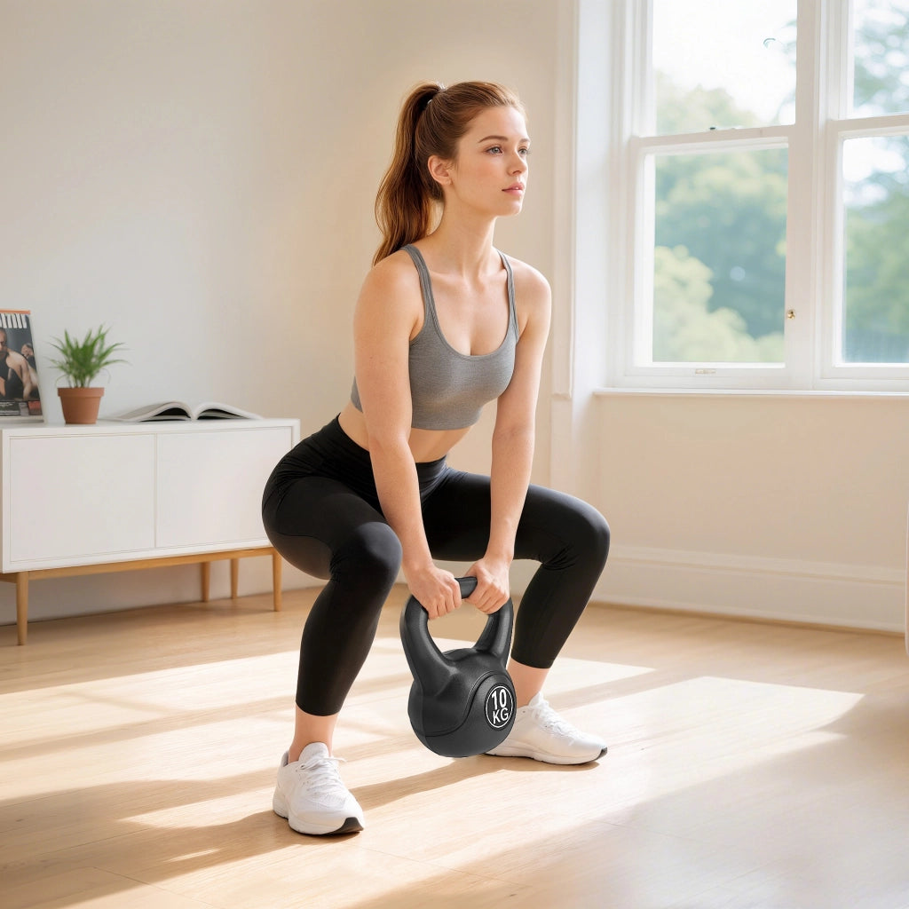 EasyComfort Kettlebell 10kg per Sport e Fitness con Base Piatta e Impugnatura, Kettlebell Pesi per Allenamento Home Gym Casa e Palestra, 25x19x28 cm, Nero