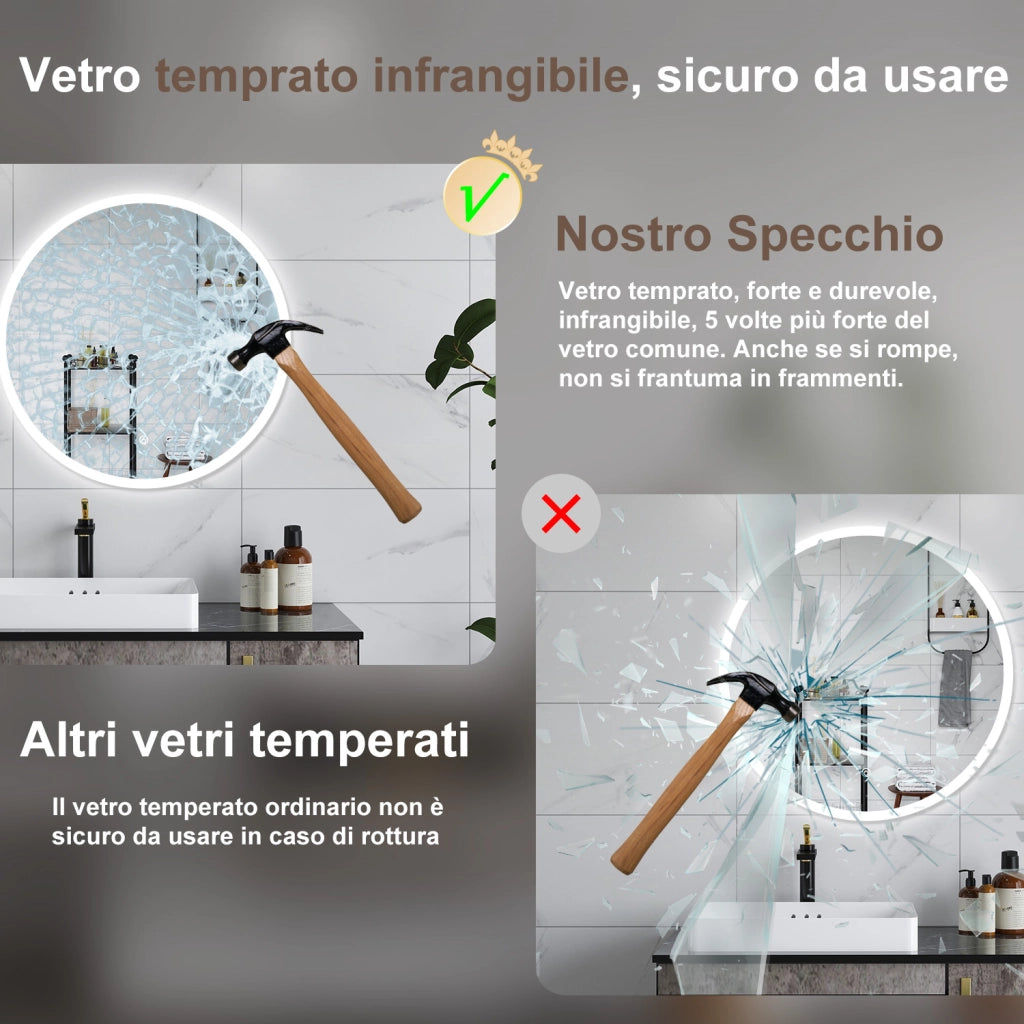 AICA Specchio da bagno 80 x 80 cm, antiappannamento, dimmerabile, interruttore touch, Funzione Memoria