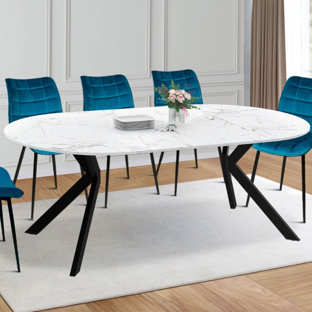 IDMarket - ALIX tavolo da pranzo rotondo allungabile 4-10 persone gamba a ragno nera piano effetto marmo bianco ALASKA 110 - 200 cm