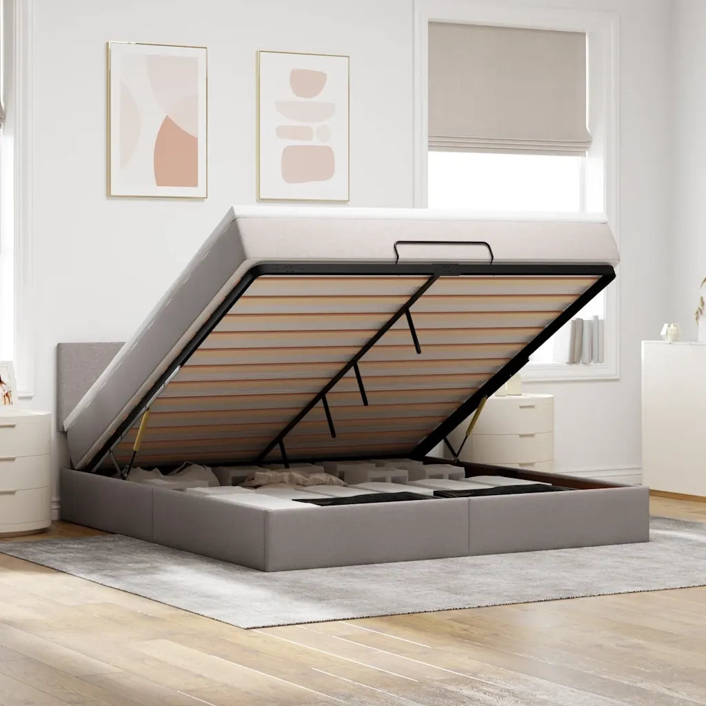 Pouf Letto con Materasso e LED Tortora 180x200cm in Tessuto