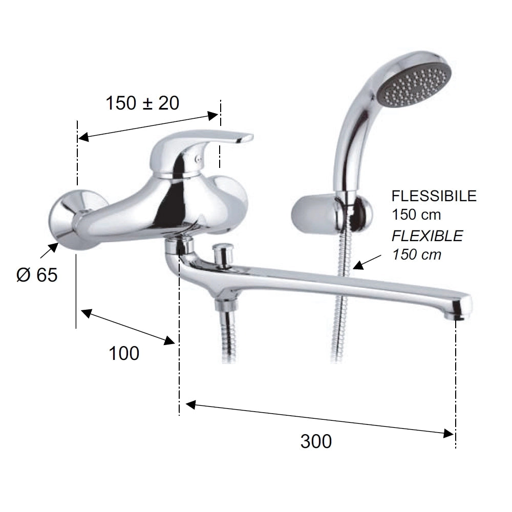 Rubinetto lavabo/vasca con bocca fusa lunga e kit doccia - serie project