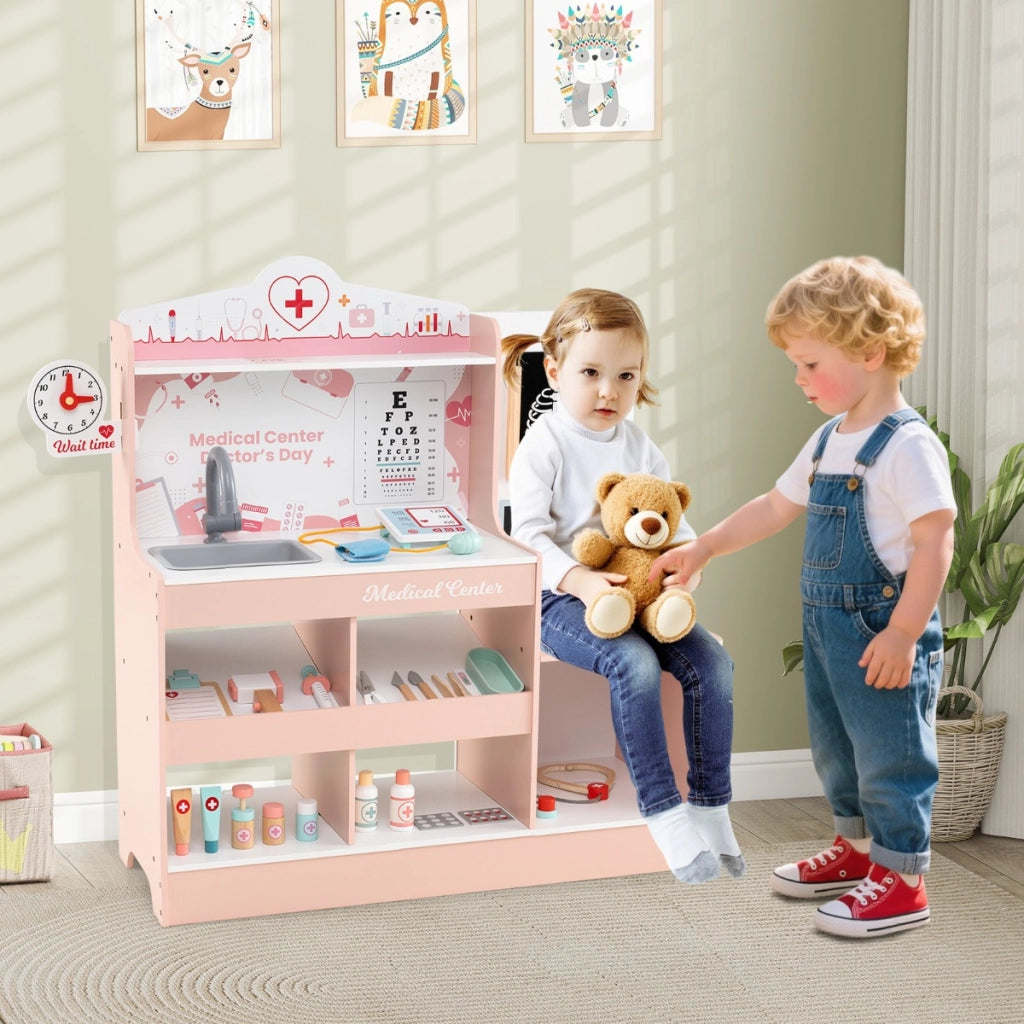 Ospedale finto centro medico per bambini con orologio tabella oculistica, Set da gioco dottore in legno monitor ECG Rosa-Cucine giocattoli