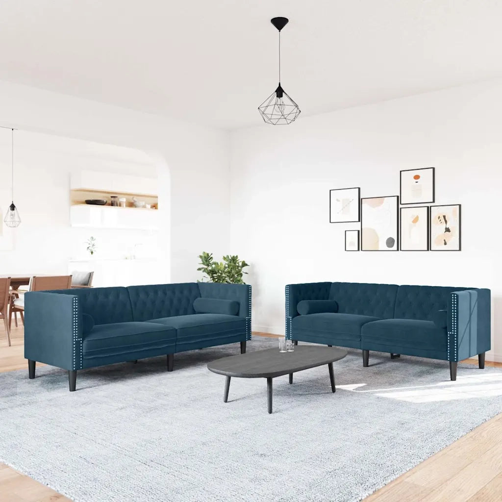 Set Divani Chesterfield 2pz con Cuscini Blu Velluto