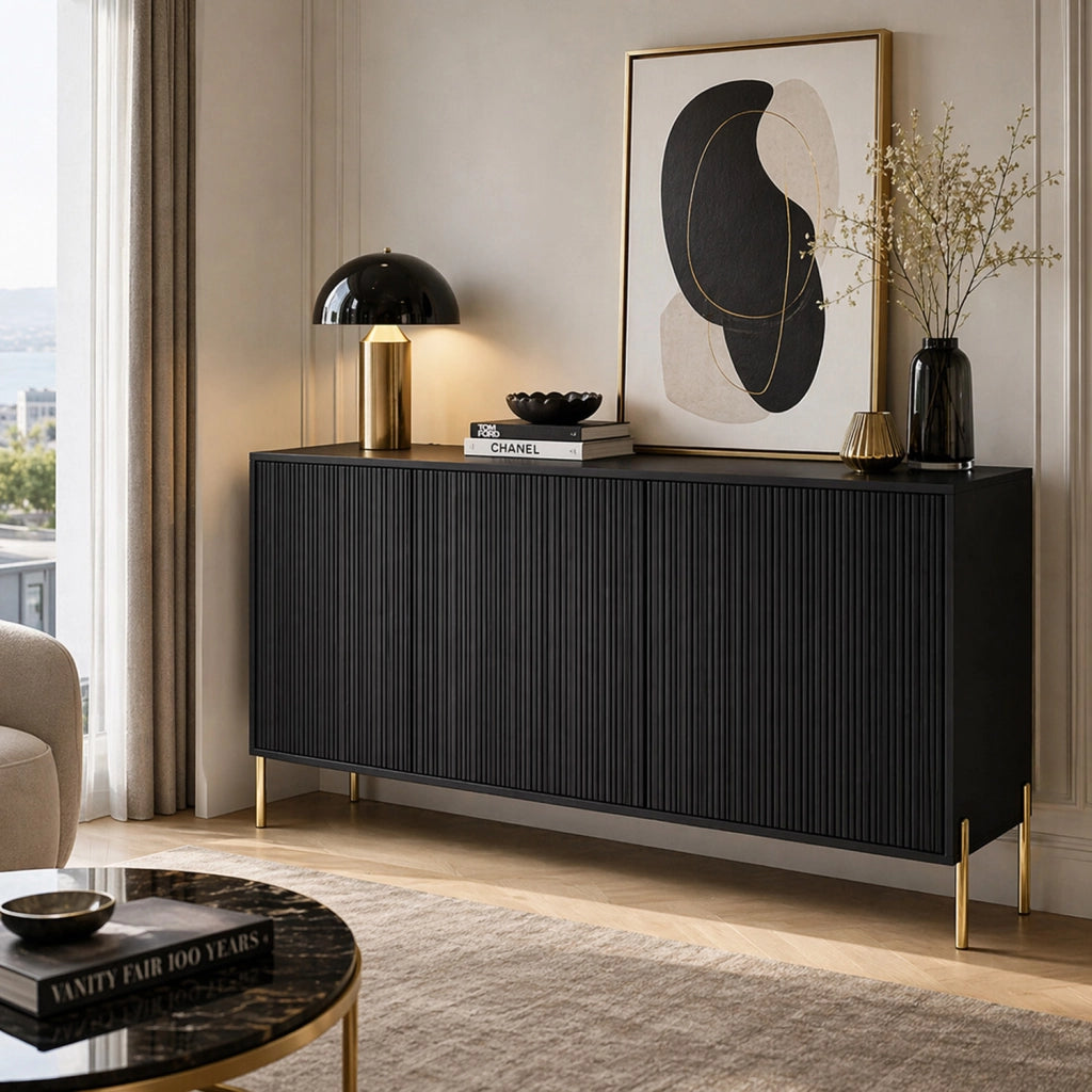 Credenza Con 3 Ante Battenti E Ripiani Interni Madia Moderna In Melaminico Con Ampio Spazio Contenitivo Per Soggiorno Sala Da Pranzo Corridoio Zona Living 154 X 38 X 80 Cm Nero