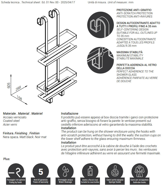 CONTENITORE DA APPENDERE MYLINE SHOWER- Nero opaco- METAF- pezzi 1