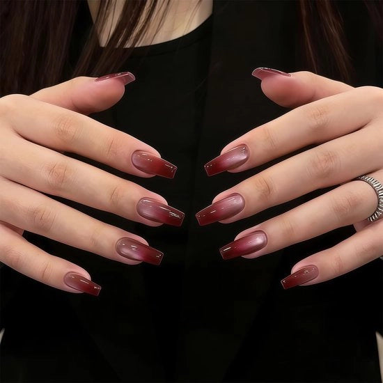 Set di unghie a pressione in ombre wijnrood, 24 pezzi, con kleefpads, set di manicure da autofficina con vijl e stuzzo in legno per donne
