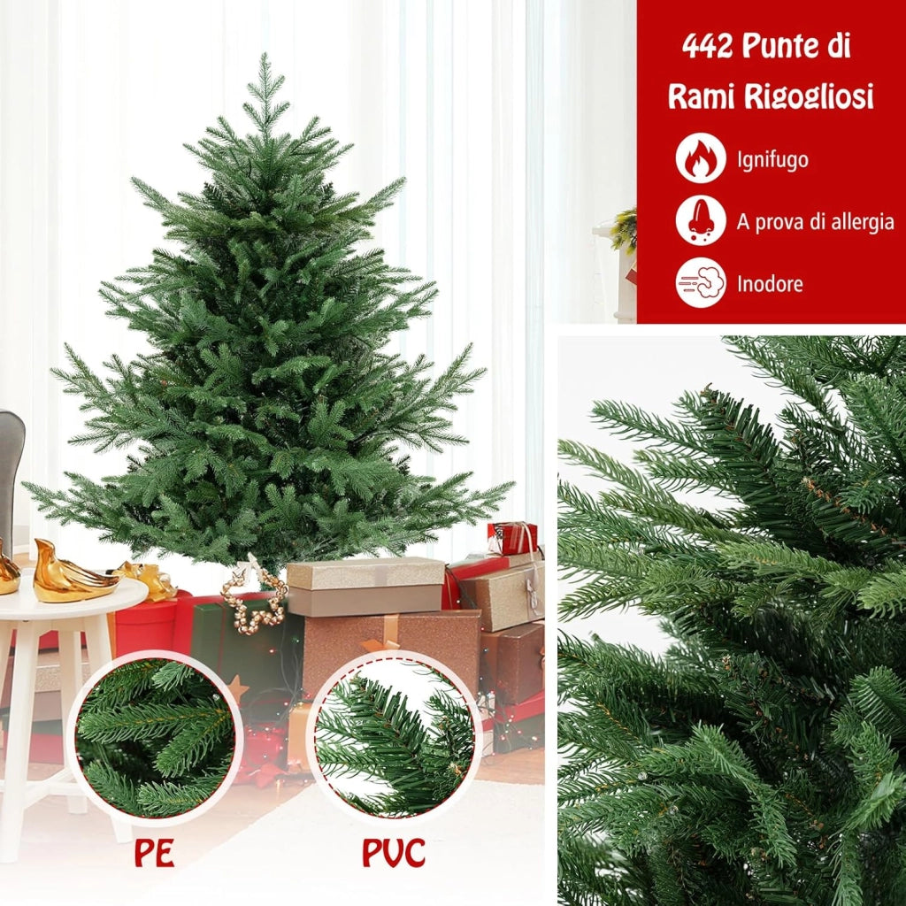 Albero di Natale Artificiale 135/180 CM, Albero di Natale con 160/240 Luci LED Bianche Calde, 442/778 Punte di Rami e Foglie Miste in PE & PVC, Ideale per Casa e Ufficio (135 CM)