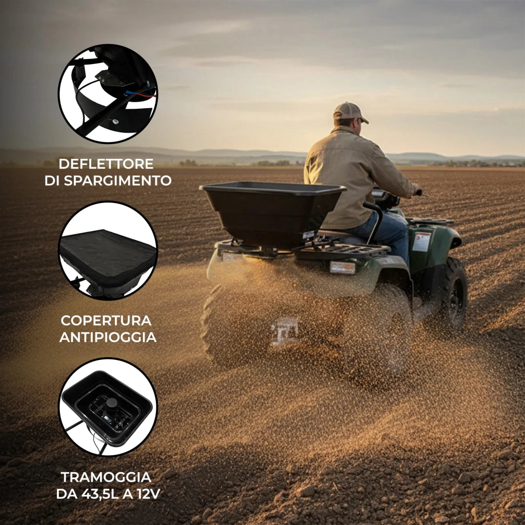 Spandiconcime ATV Quad 12V 43,5L Traino con Deflettore e Copertura