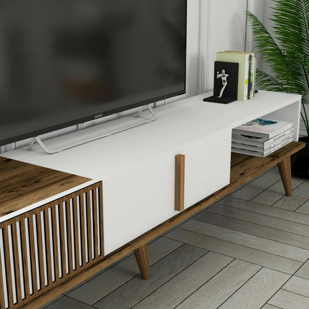 Mobile porta TV Jakuchu, Credenza da soggiorno, Armadio basso per TV, Base parete attrezzata, 180x35h40 cm, Noce e Bianco