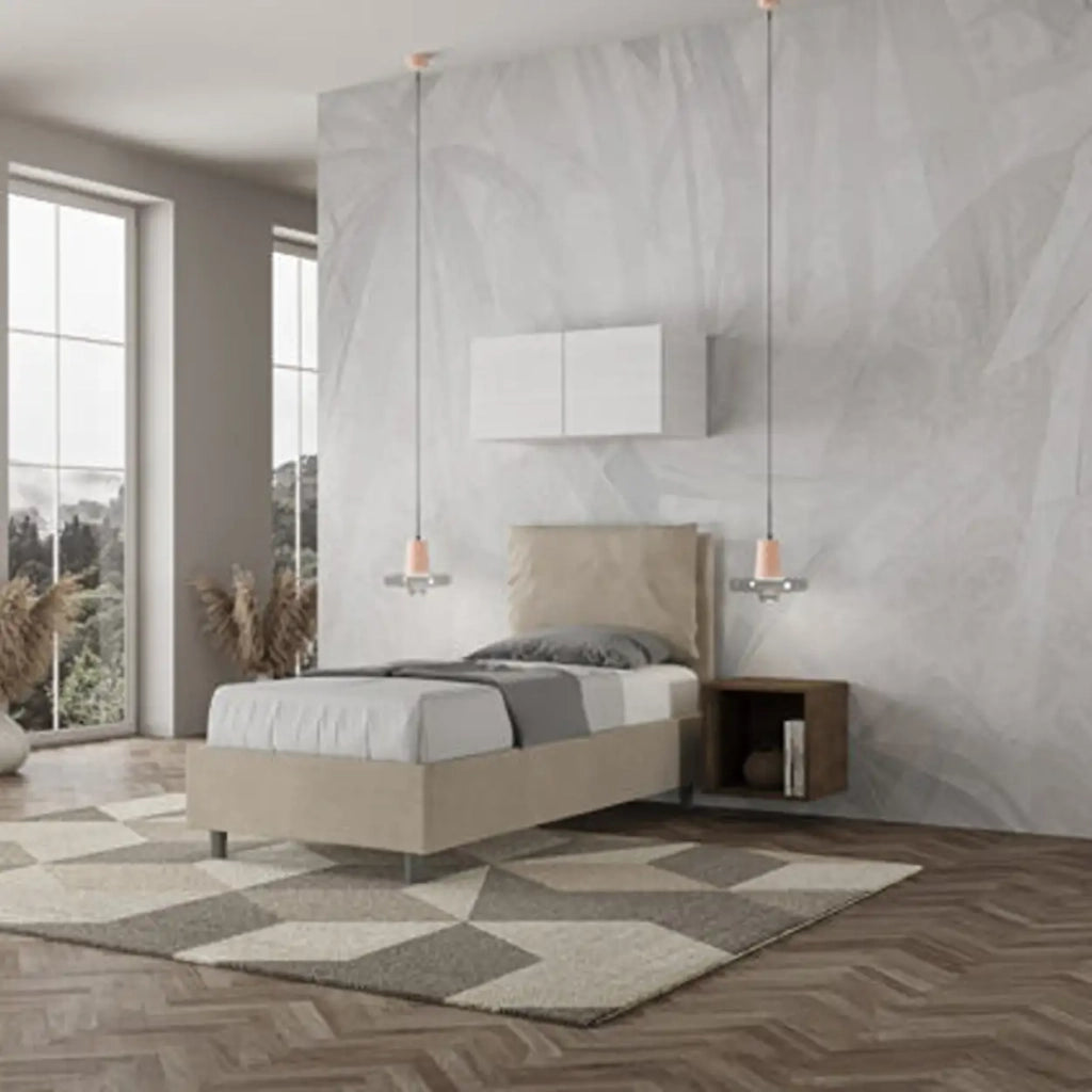 Letto singolo con rete imbottito 80x190 microfibra sabbia Antea